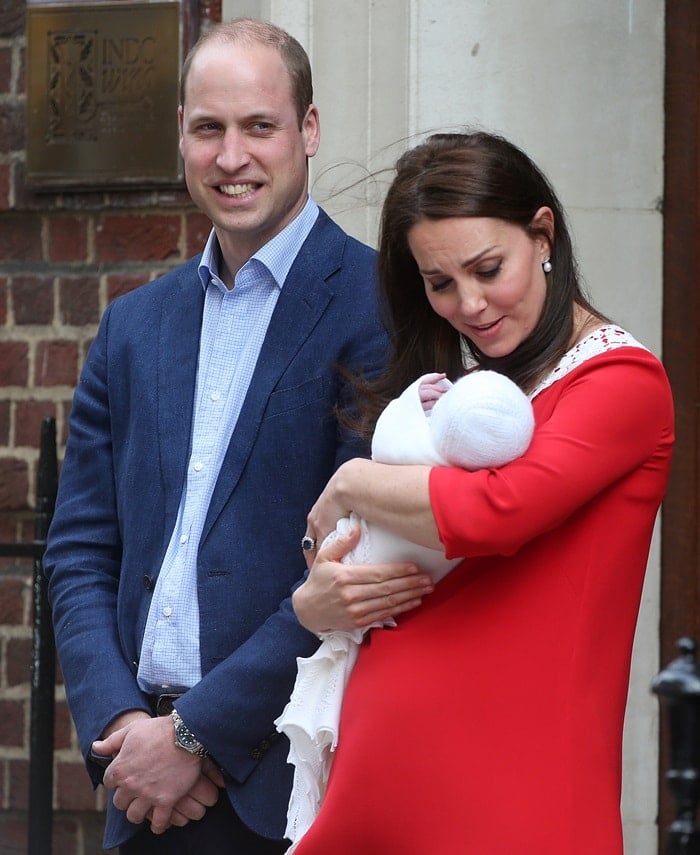 The Duke and Duchess of Cambridge leave the Lindo Wing of St. Mary's Hospital with their new born son on April 23, 2018