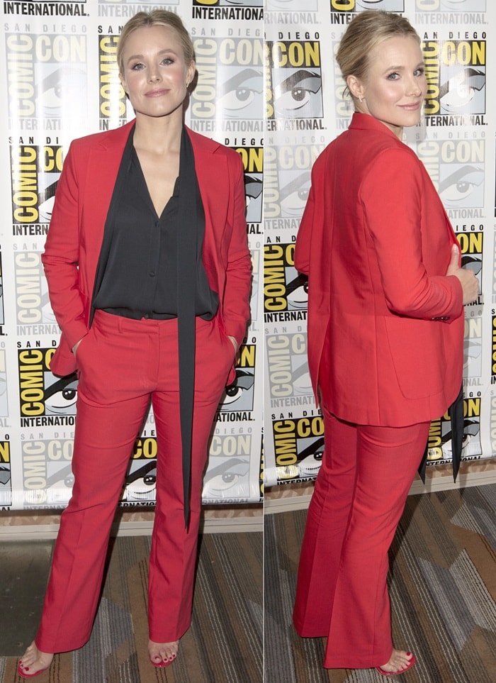 Kristen Bell in a red Anine Bing suit and matching 'New Darsey' strappy mules