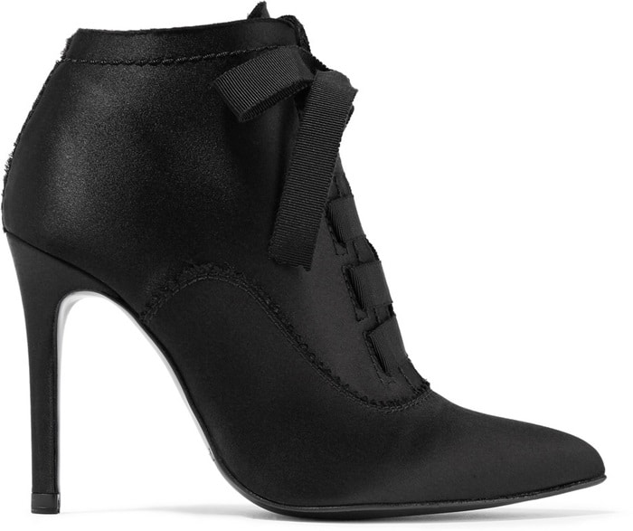 These lustrous satin 'Ana' boots are set on a pin-thin heel and have grosgrain ribbon laces