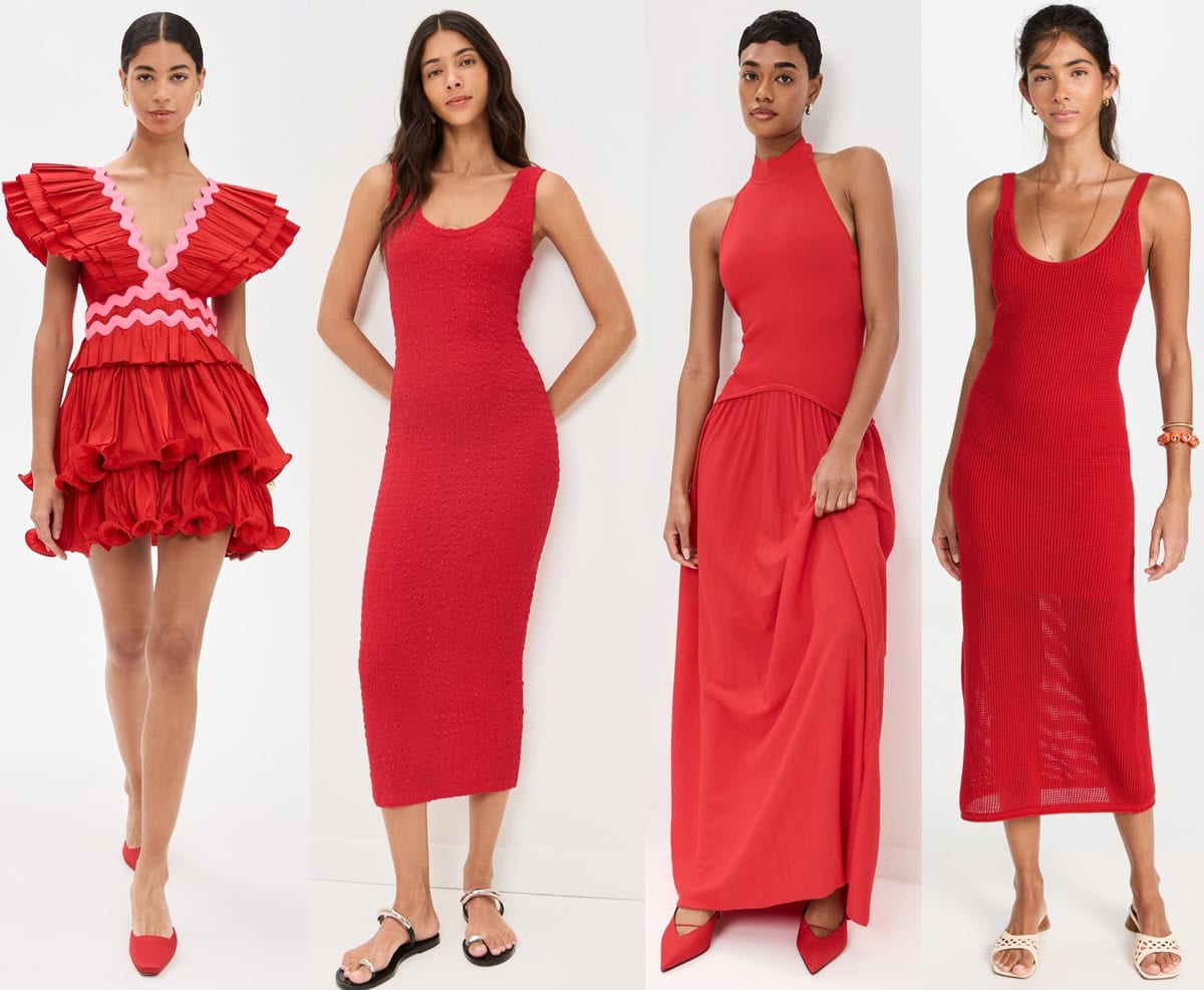 Four red dresses styled with different shoes, including pointed flats, silver sandals, and woven footwear, demonstrating versatile red dress styling options