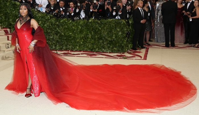 Nicki Minaj Surprises in Red Ombré Oscar De La Renta Dress at Met Gala