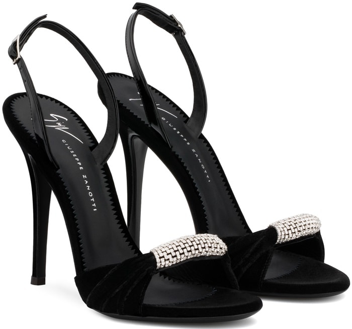 Black Velvet Sling-Back Sylvia Sandals With Crystal Brooch