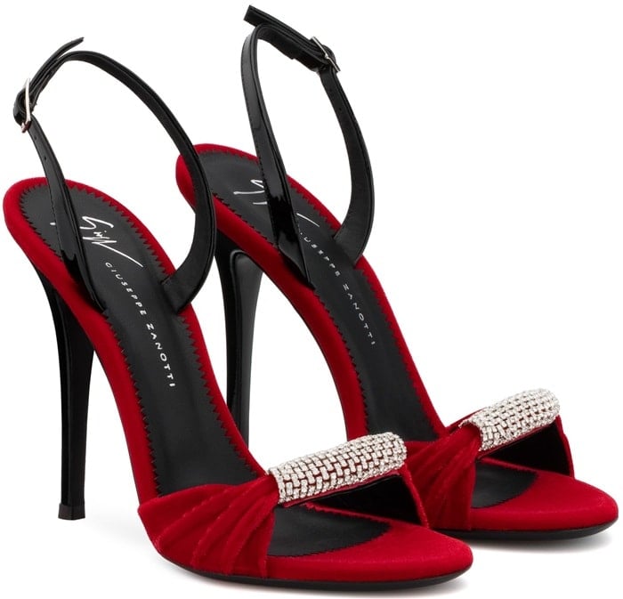 Red Velvet Sling-Back Sylvia Sandals With Crystal Brooch