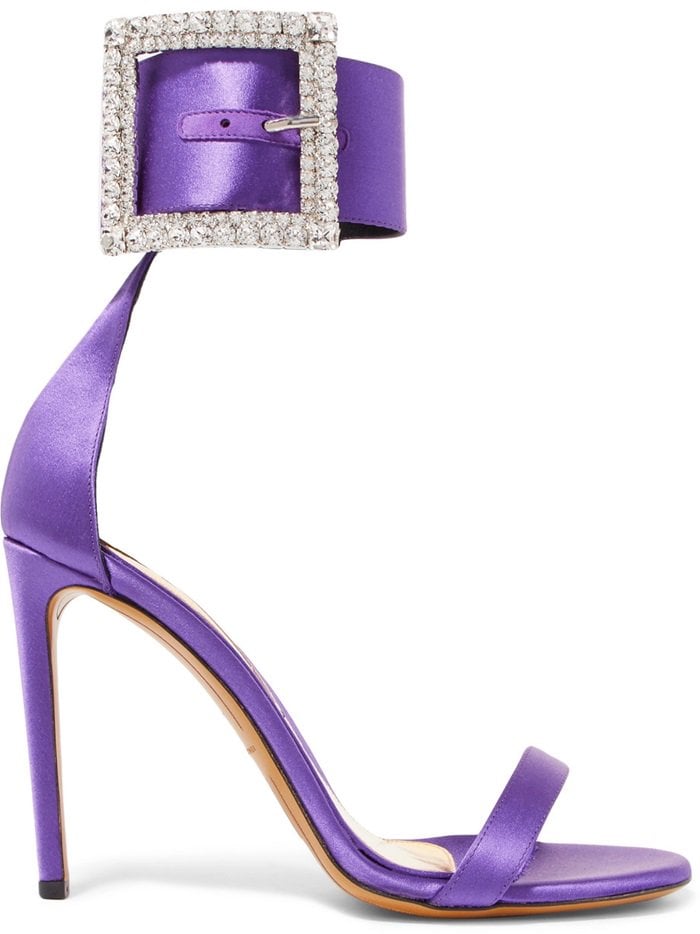 Exuding '80s glamour, they've been made in Italy from purple satin and feature a glistening Swarovski crystal-embellished buckle