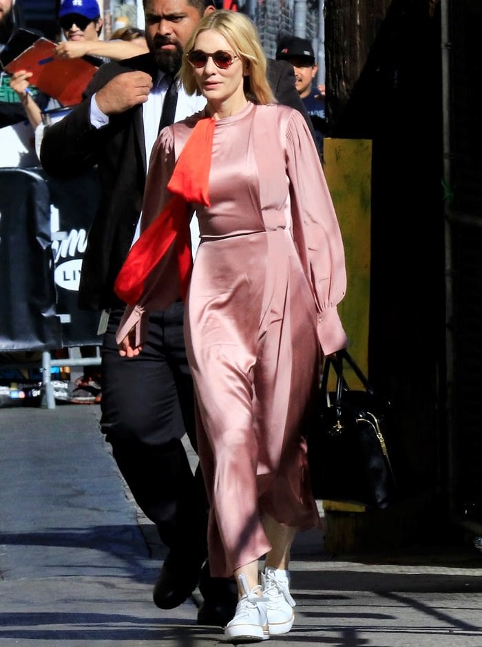 Cate Blanchett arrives in a dramatic silk dress for a taping of 'Jimmy Kimmel Live!' at the El Capitan Entertainment Centre in Los Angeles on September 13, 2018