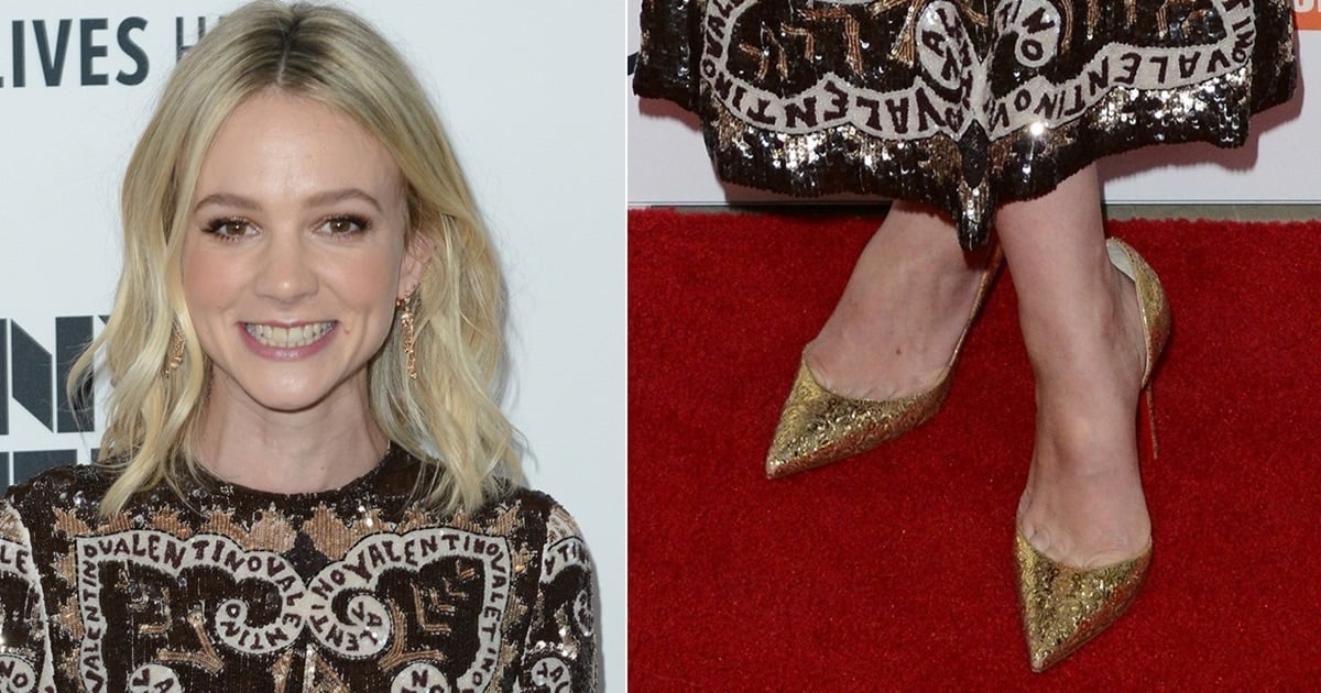 Carey Mulligan Shows Toe Cleavage in Rococo-Inspired Gold Iriza Pumps