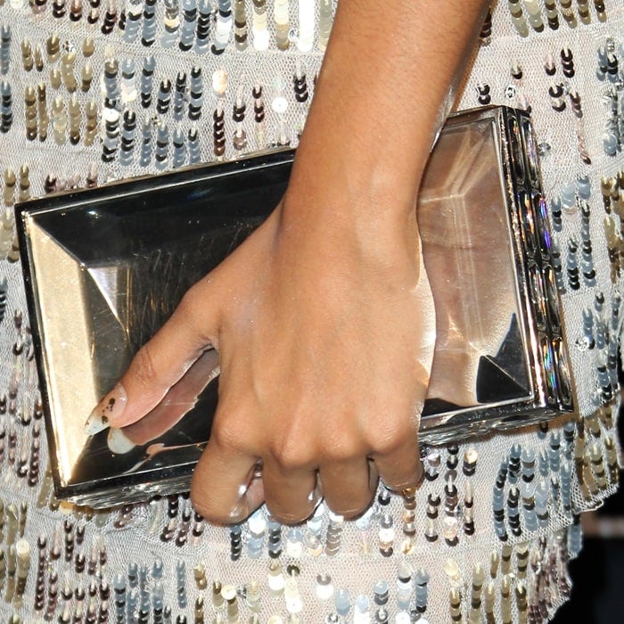 Liza Koshy totes a Judith Leiber Couture "Duchess" clutch in faceted resin