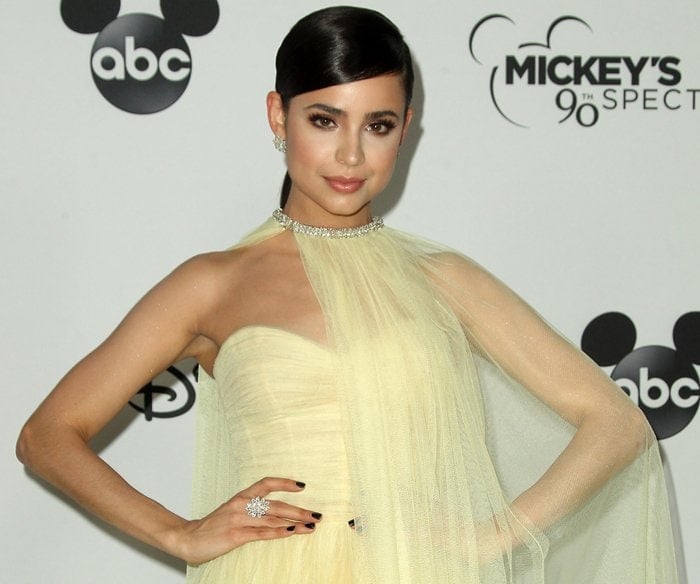 Disney Princess Sofia Carson wearing an eye-catching dress from Monique Lhuillier's Spring 2019 Collection