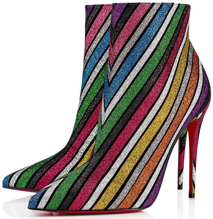 Made of suede and striped in multi-colored glitter, it cradles the foot with shine.