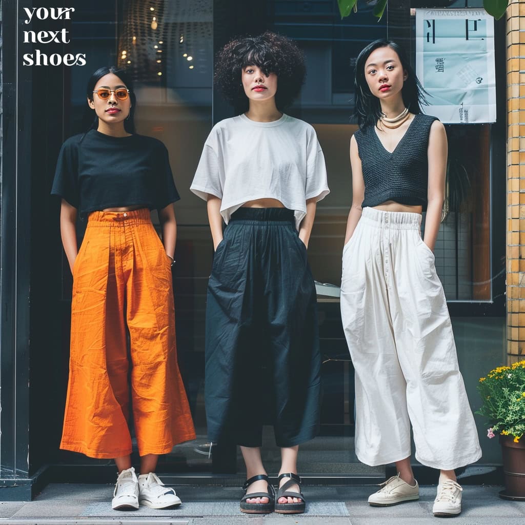 Three fashion-forward individuals showcase a range of culottes in bold orange, classic black, and crisp white, paired with casual tops and stylish footwear for a modern urban look