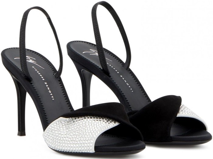 Crafted from black and white suede with crystals, these sandals feature a crossover detail.