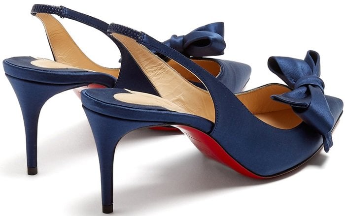 These navy satin pumps are a refined version of the slingback style which is forecast as a key trend for the season ahead