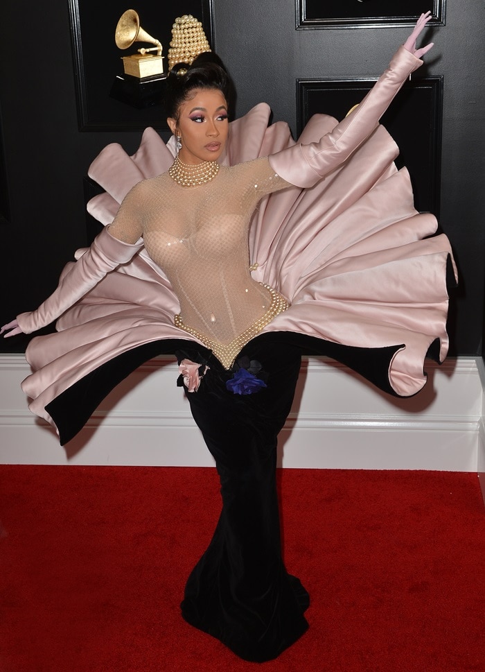 Cardi B's pearl-embellished clam-oyster dress from Mugler's Fall 1995 Couture Collection