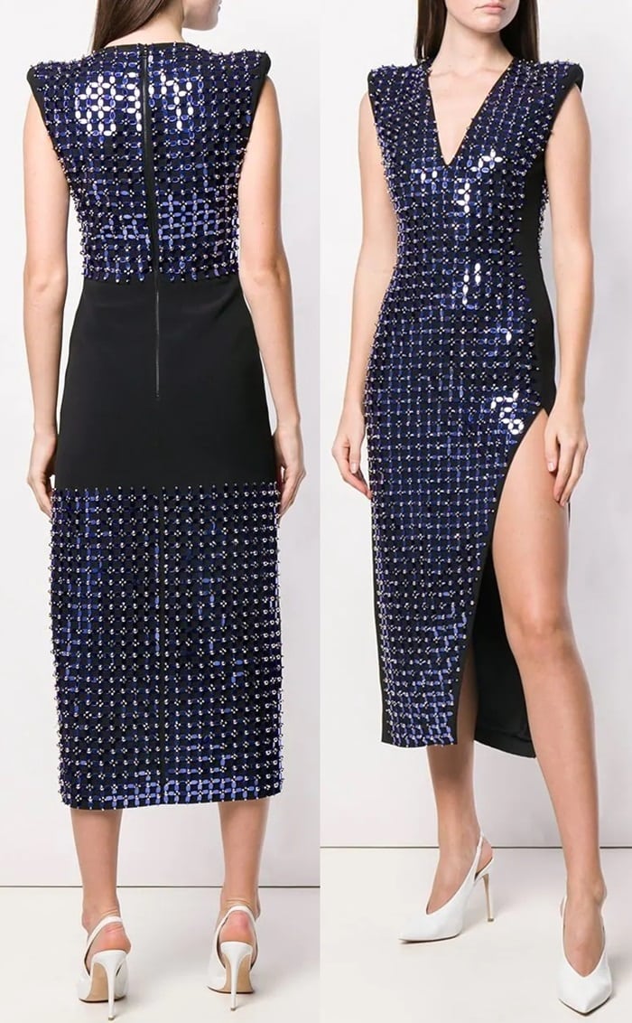 Blue Plexi beaded dress from David Koma featuring a deep V neck, a long length, mirror patch appliqués, structured shoulders, a side slit, a sleeveless design and a back zip fastening