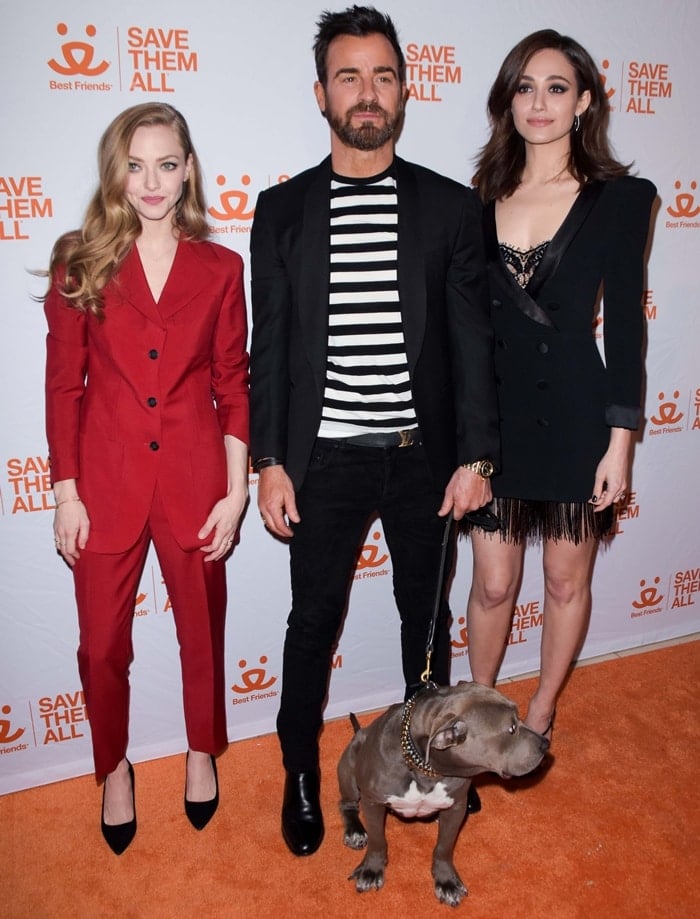 Amanda Seyfried, Justin Theroux, and Emmy Rossum at the 2019 Best Friends Animal Society’s Benefit to Save Them All at Gustavino’s in New York City on April 2, 2019