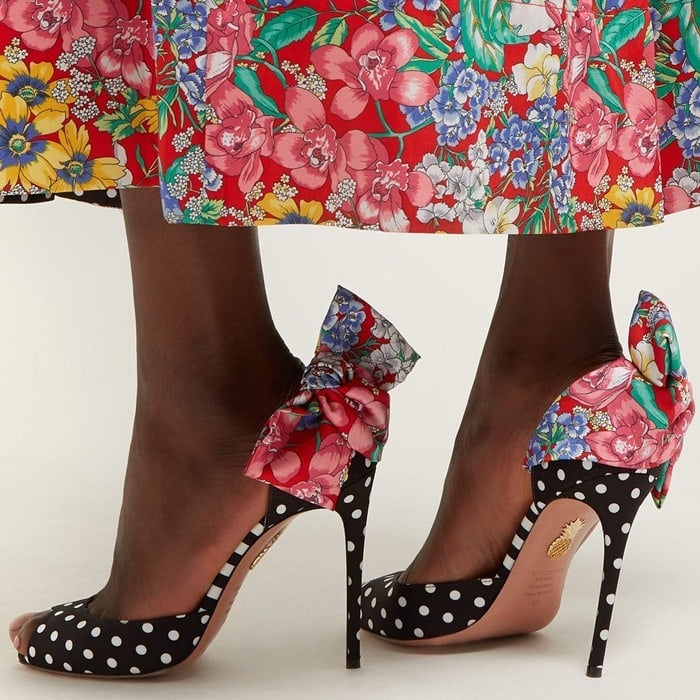 These Versailles peep toe sandals feature floral and polka dot prints