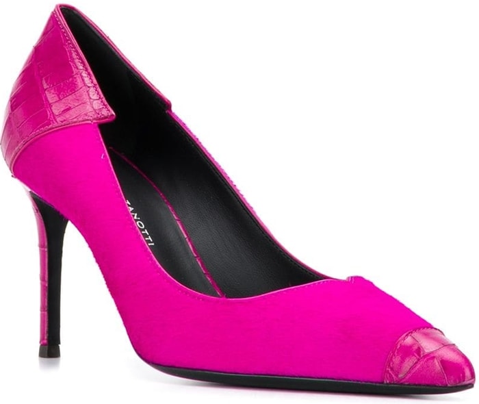 These fuchsia pink leather Adela python pumps from Giuseppe Zanotti feature a pointed toe, a high stiletto heel and a branded insole