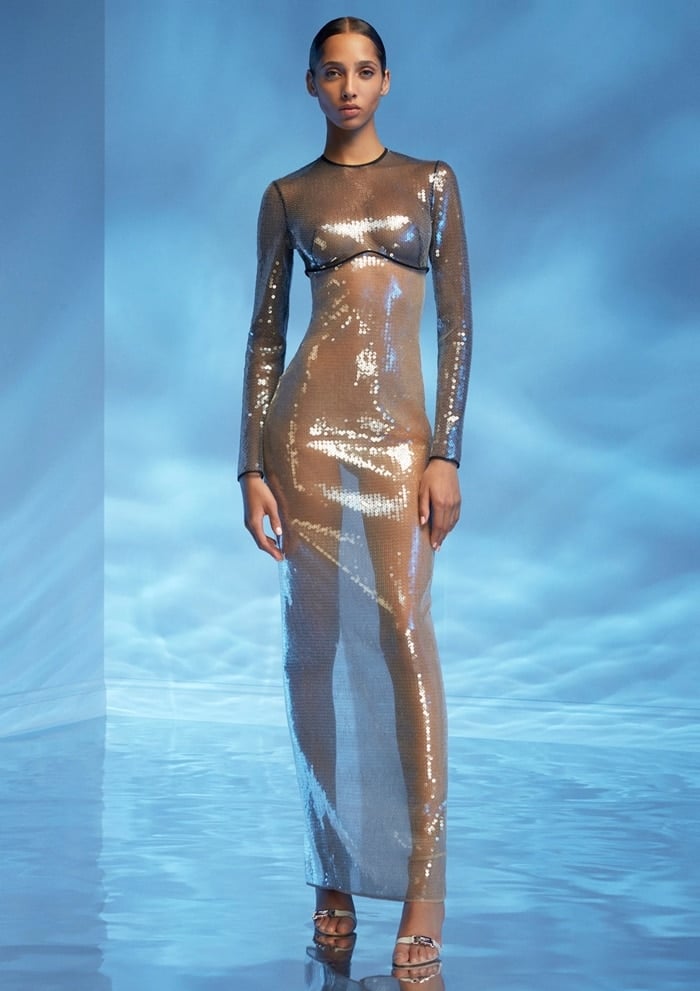 David Koma Sequined Cady Long-Sleeve Gown