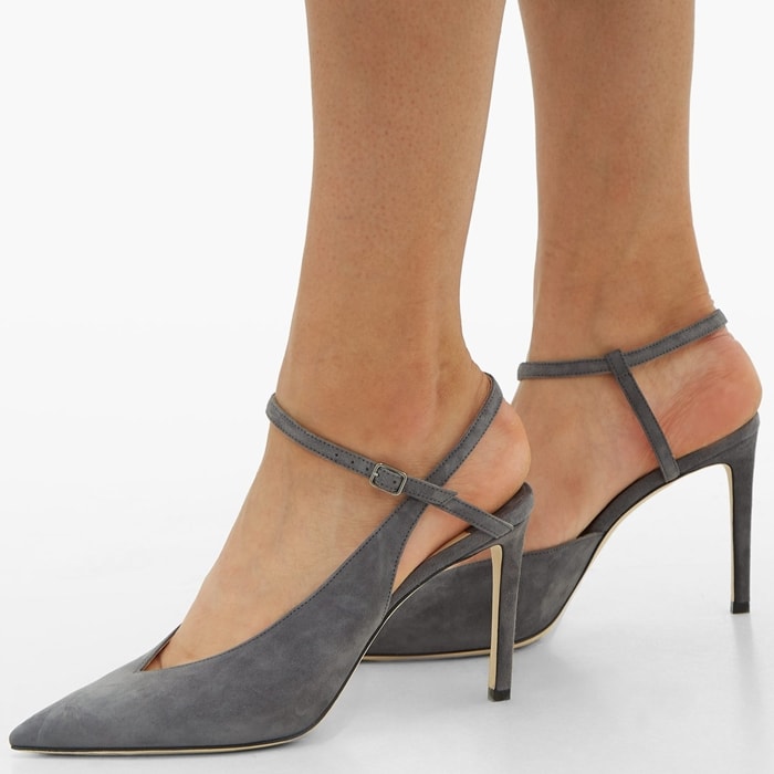 Jimmy Choo’s grey Sakeya pumps are an elegant addition to your trans-seasonal ensembles