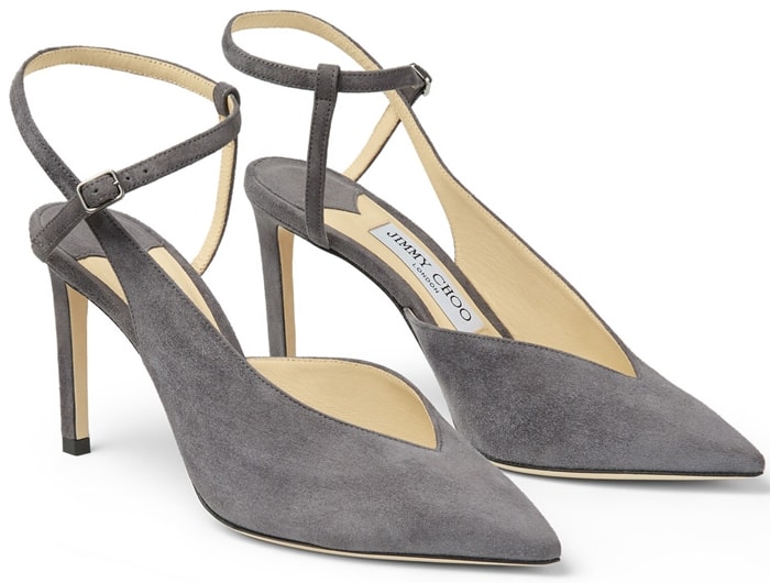 Jimmy Choo’s grey Sakeya pumps are an elegant addition to your trans-seasonal ensembles