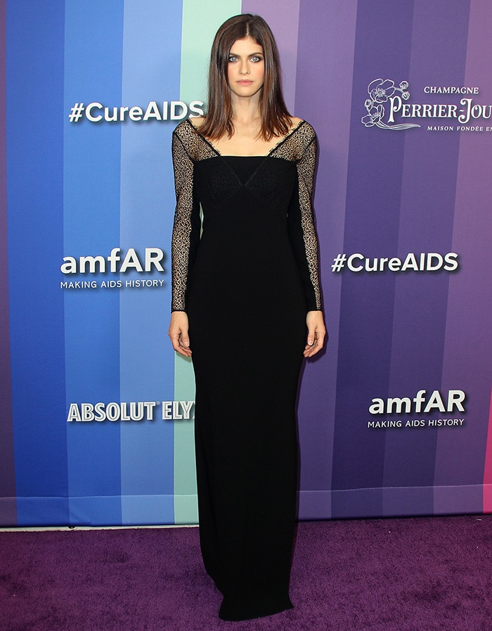 Alexandra Daddario goes for a gothic look at the 10th Annual amfAR Los Angeles Gala held at Milk Studios in Los Angeles on October 10, 2019