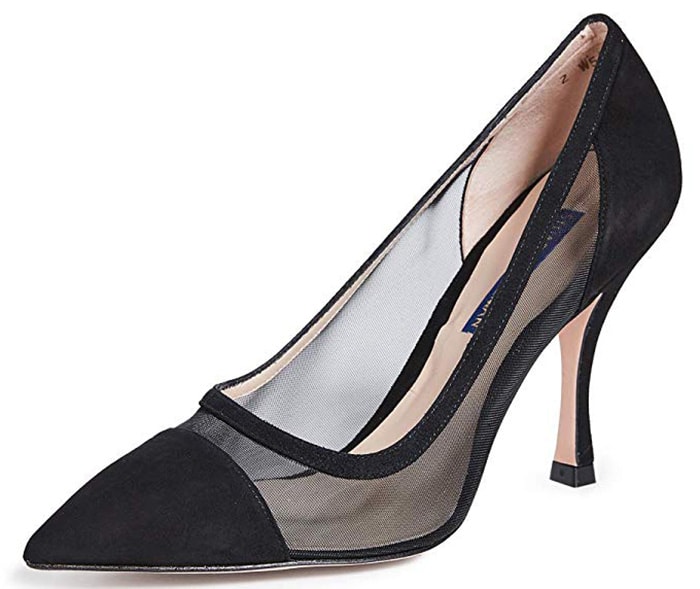 Sheer mesh panels and a curved heel add a modern aesthetic to a classic pointy-toe pump