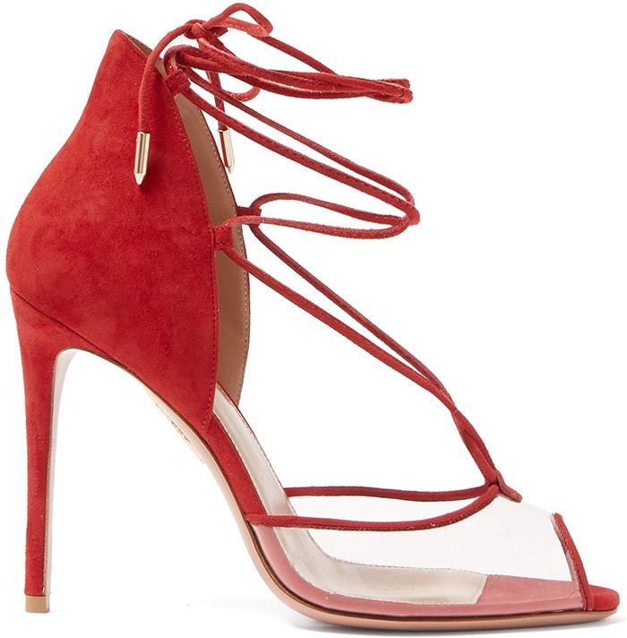 Expertly crafted in Italy, Aquazzura’s red suede Magic Peep Toe sandals feature a delicately curved heel counter and a contemporary skin-baring transparent PVC front strap