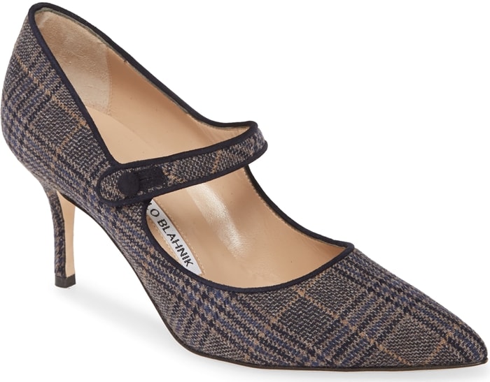 Tonal suede trims the retro-plaid exterior of this mary jane pump lifted by a modest heel with a button strap and bewitching pointy toe perfecting the style