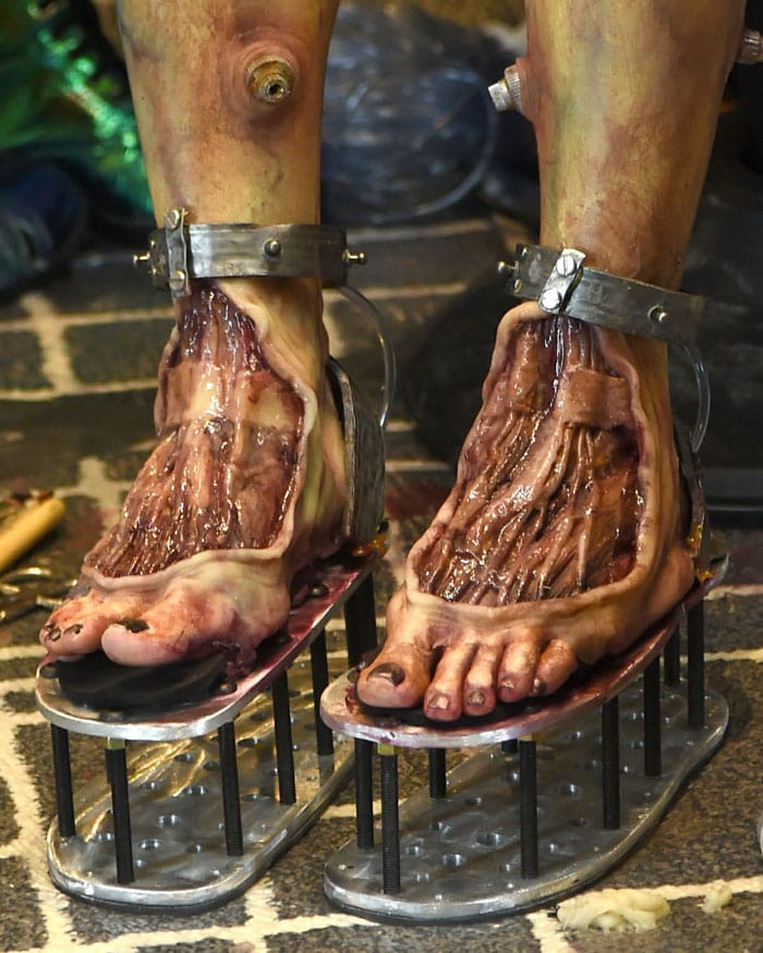 Heidi Klum's sliced-open alien costume feet glued onto metal-plate screw-platform shoes