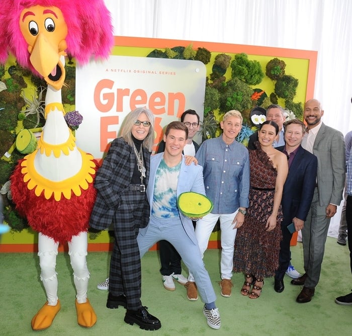 Diane Keaton, Adam DeVine, Jared Stern, Ellen DeGeneres, Ilana Glazer, Netflix CCO Ted Sarandos, Jeff Kleeman, and Keegan-Michael Key attend the premiere of Netflix's "Green Eggs And Ham"