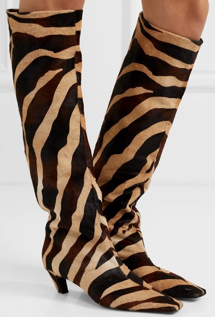 Beige and black leather The Knee-High zebra print boots from Khaite featuring a square toe, a knee length and a mid-heel
