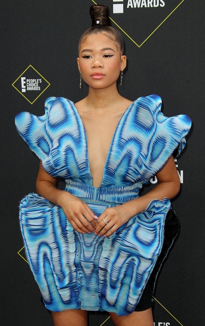 Storm Reid's blue and black butterfly mini dress