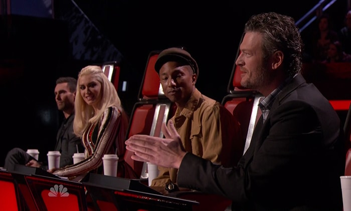 Gwen Stefani and Blake Shelton during NBC's The Voice aired November 11, 2015