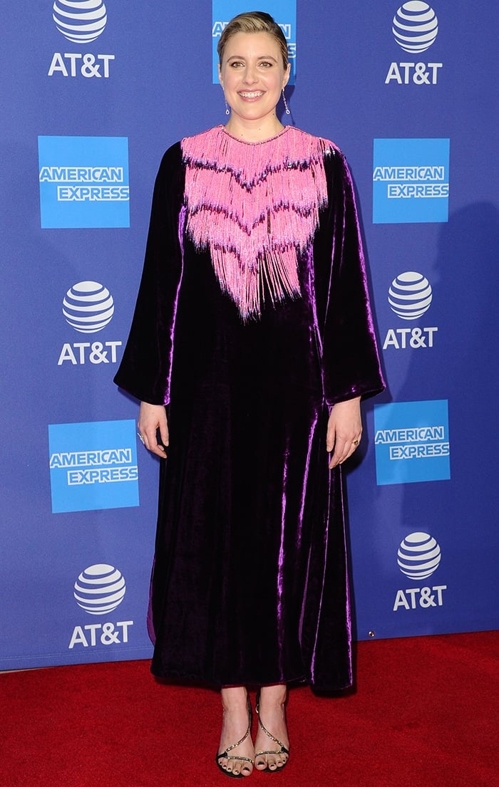 Greta Gerwig in a bead fringed velvet Gucci dress