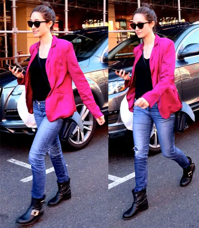 Emmy Rossum in jeans and bright pink blazer