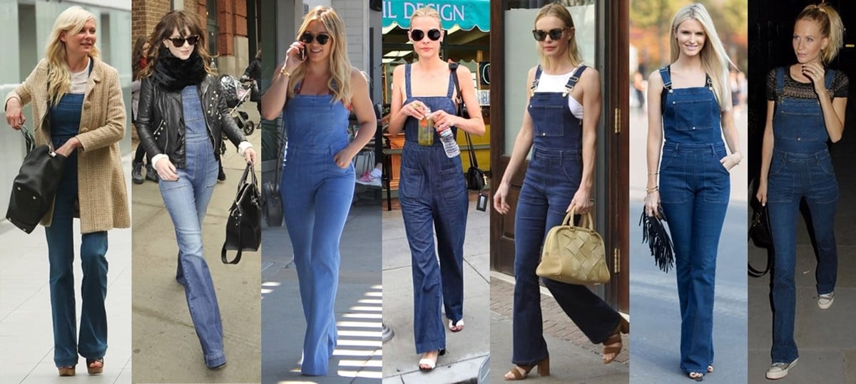 Seven celebrities showcase their stylish flare denim overalls, proving this '70s-inspired trend is a must-have for the season