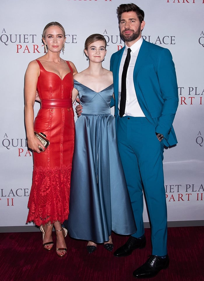 Emily Blunt, Millie Simmonds, and John Krasinski pose together at the A Quiet Place II premiere on March 8, 2020