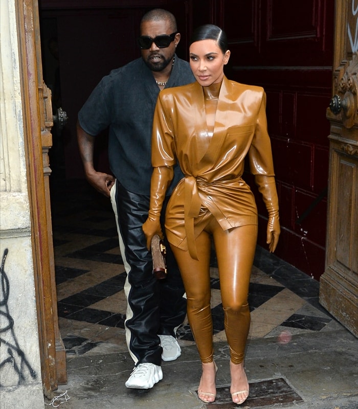 Kim Kardashian Exits Church Service in Brown Latex Balmain Separates