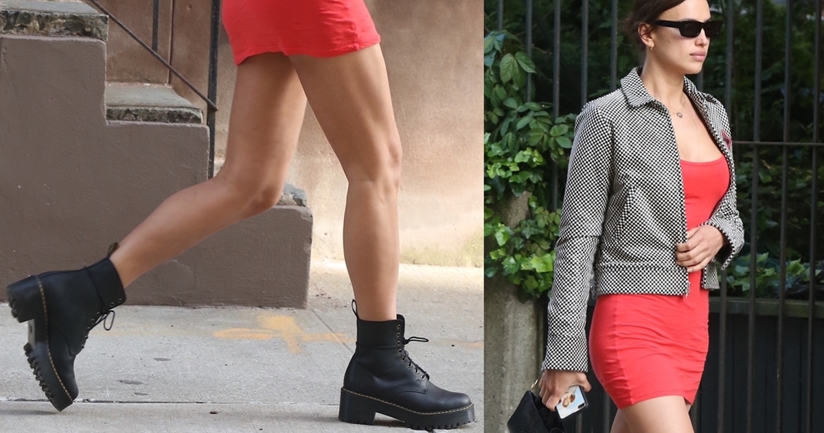 Irina Shayk Rocks Red Mini Dress With Dr Martens Shriver Hi 8 Eye Boots