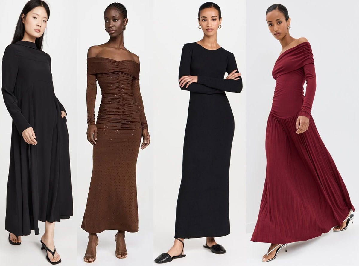 Models wearing long-sleeve maxi dresses in black, brown, and red with various silhouettes, including flowy, ruched, and off-the-shoulder styles