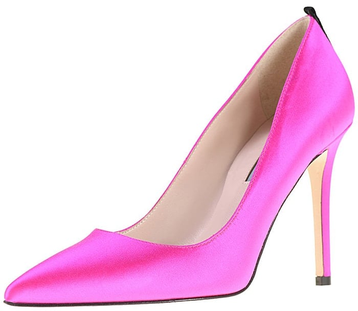 Pink satin SJP by Sarah Jessica Parker pointed-toe pumps with grosgrain trim at the heel