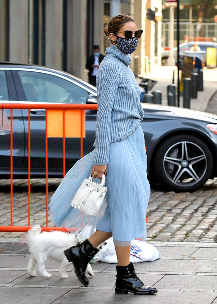 Olivia Palermo in a monochrome blue ribbed knit sweater and Max&Co. tulle midi skirt