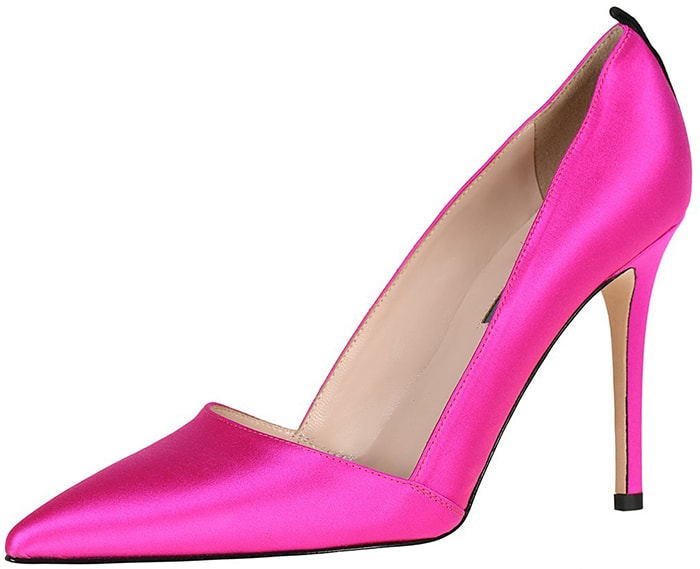 Pink satin SJP by Sarah Jessica Parker pointed-toe pumps with grosgrain trim at the heel