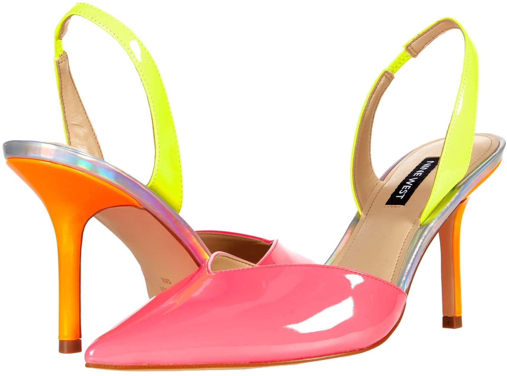 Your outfit will get a pop of color with Nine West's hot pink and yellow patent Hello pointed toe stiletto heels