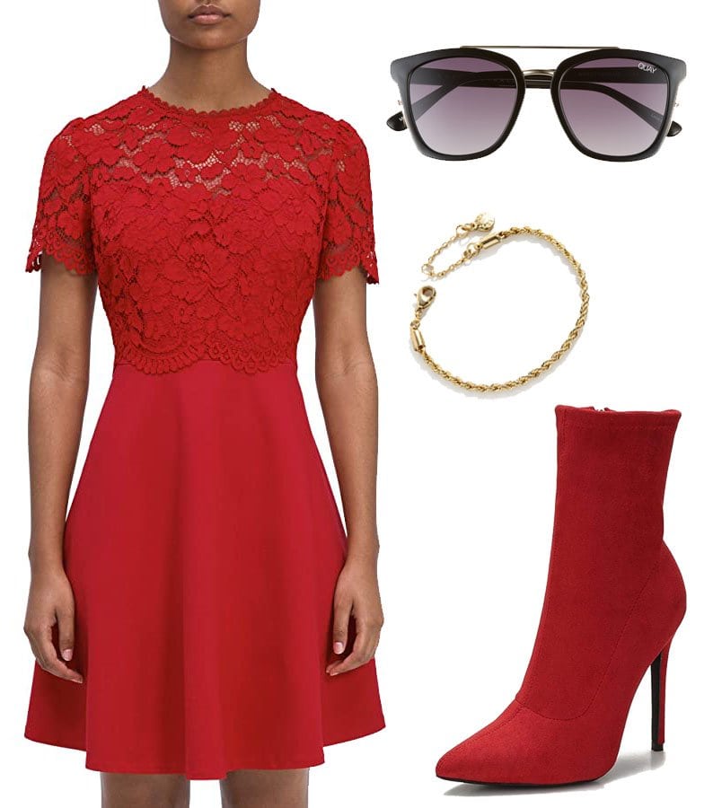 Kate Spade New York Rose Lace Bodice Ponte Dress, Quay Australia Sweet Dreams 51mm Square Sunglasses, Bauble Bar Mini Petra Bracelet, CAMSSOO Sock Booties Suede Heels Ankle Boots