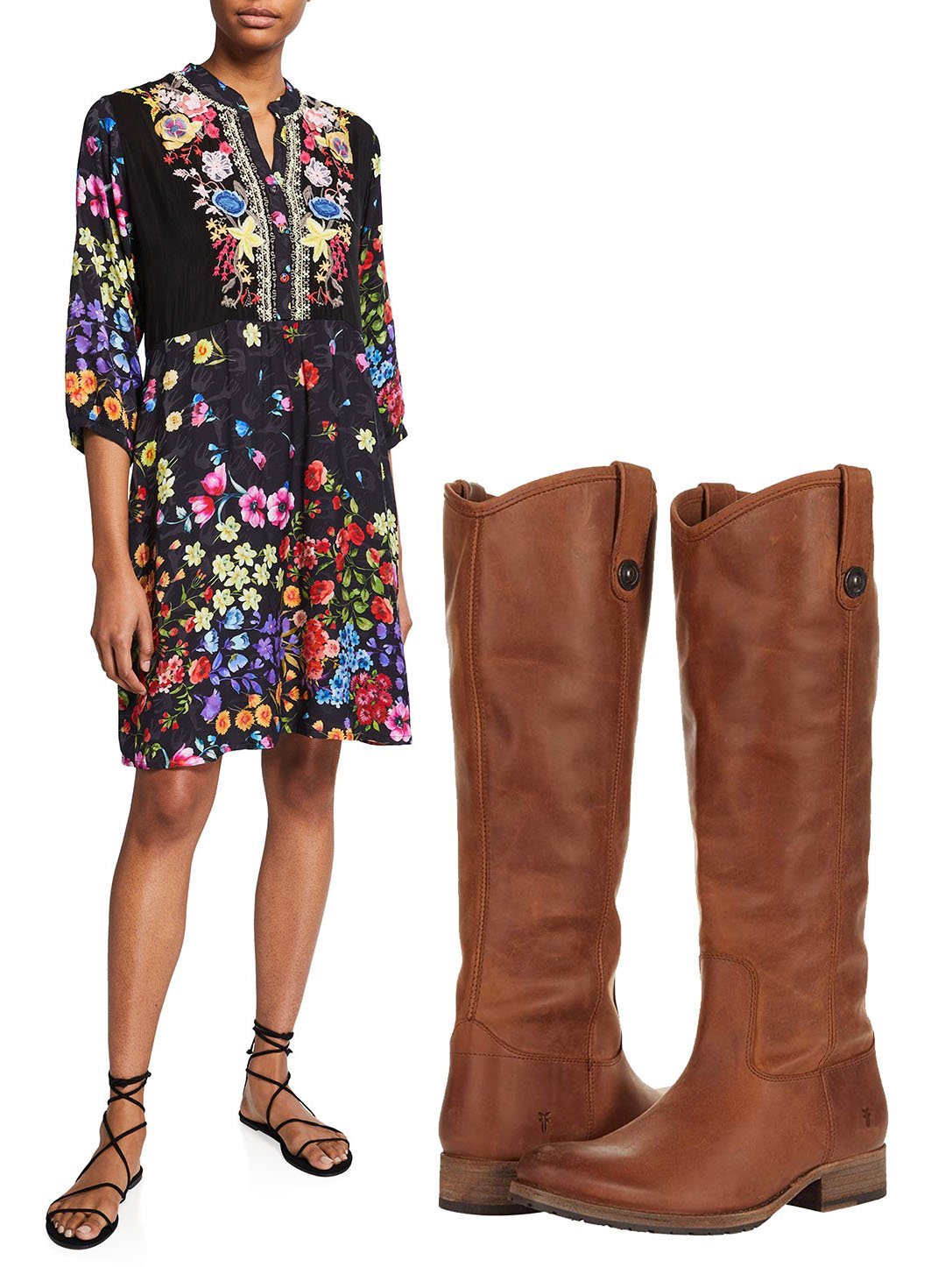Bohemian Charm Meets Rugged Sophistication: The Johnny Was Ciara floral-print dress with slip is exquisitely paired with the robust Frye Melissa button lug boots