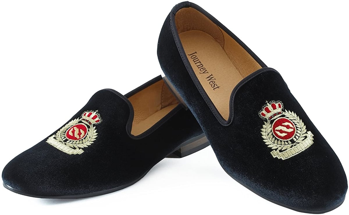 Prince Albert slippers are defined by velvet uppers and an embroidered design on the vamp