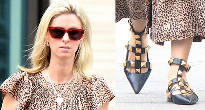 How Nicky Hilton Wears Ulla Johnson Leopard Midi Dress With Valentino  Garavani Roman Stud Backless Flats