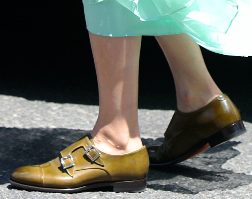 Olivia Palermo teams her feminine dress with Santoni monk-strap loafers