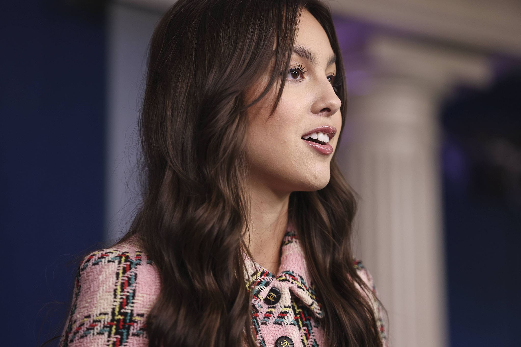 Olivia Rodrigo speaks about the importance of youth vaccination during the press briefing at the White House on July 14, 2021